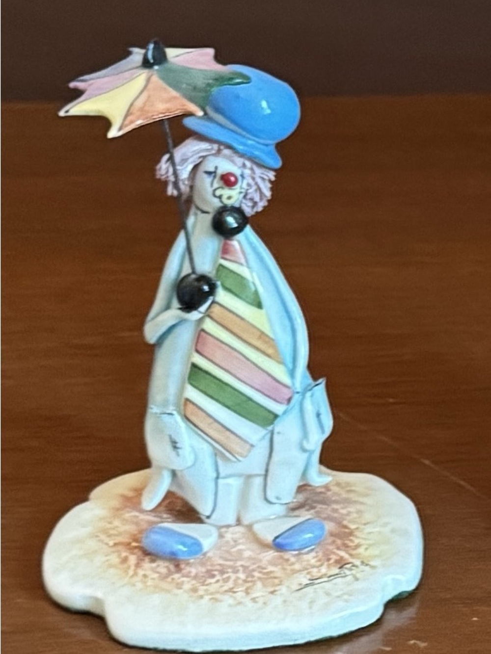 Hand-Painted Pastel Clown Figurine with Umbrella - Blue Accents